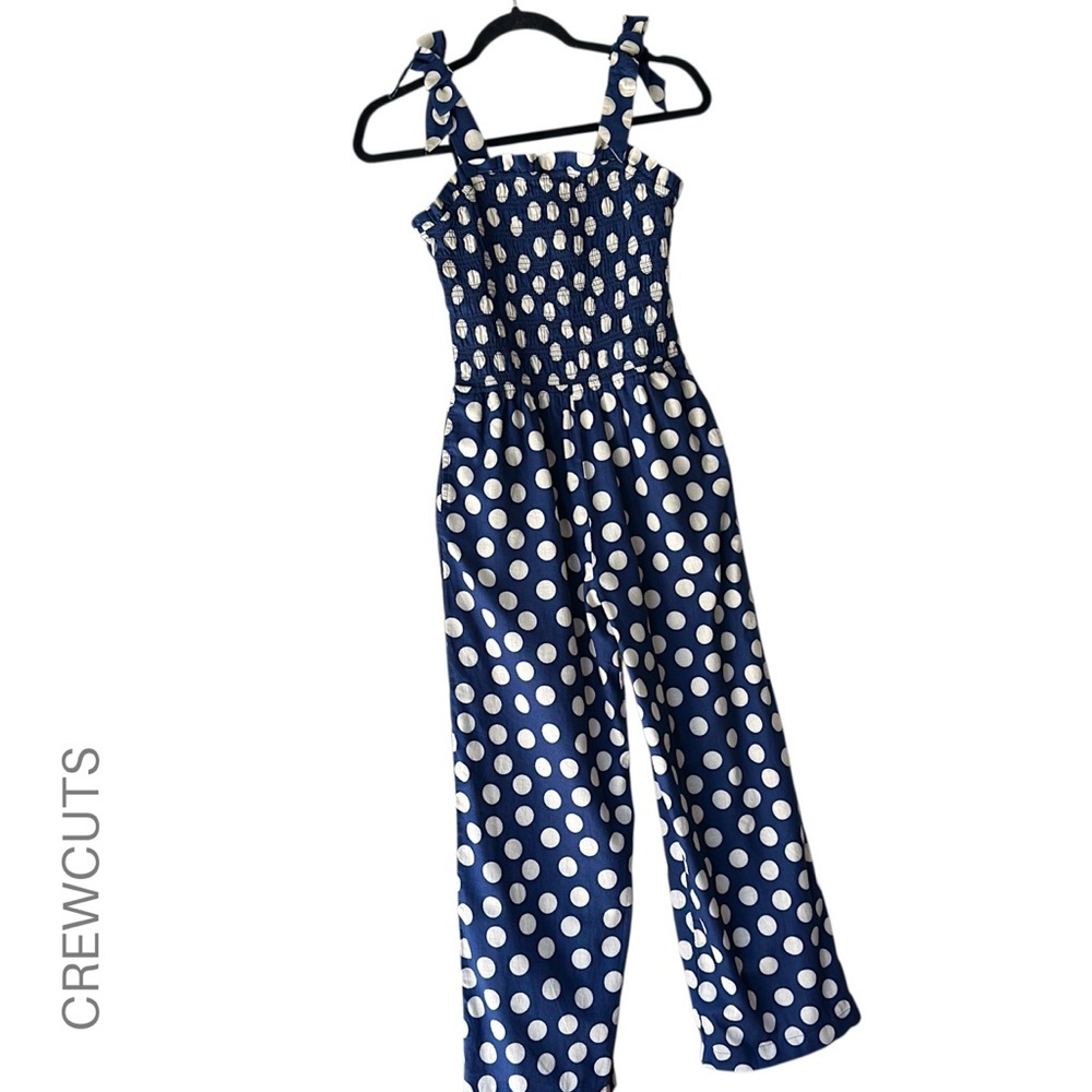 CREWCUTS NWOT GIRLS SMOCKED JUMPSUIT LINEN & COTTON NAVY WHITE POLK DOT SIZE 12